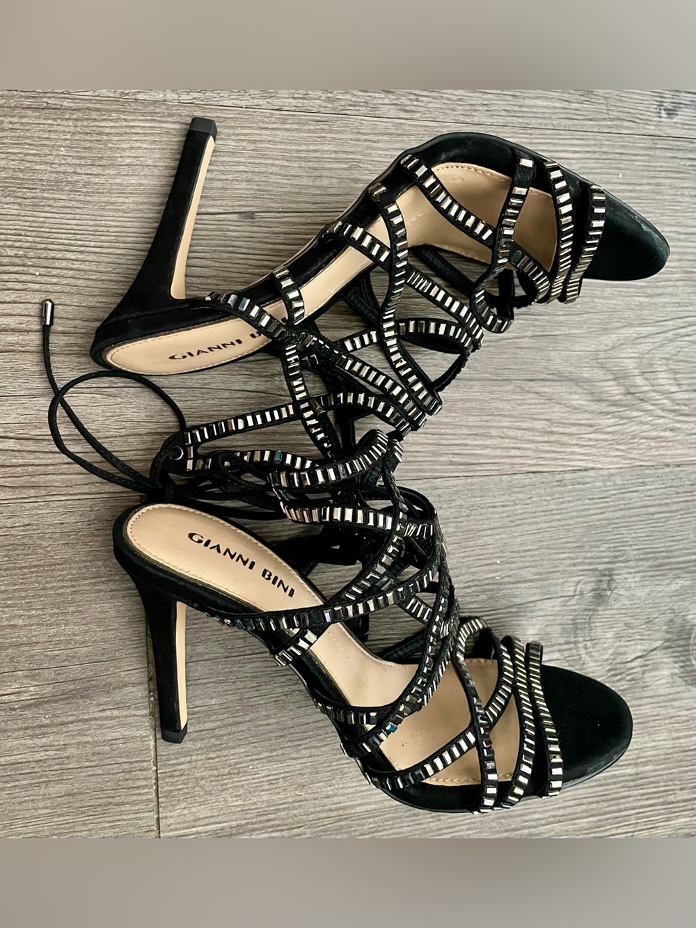 🍸 Gianni Bini Black Strappy Embellished Lace-Up Heels 🍸 - Picture 5 of 7